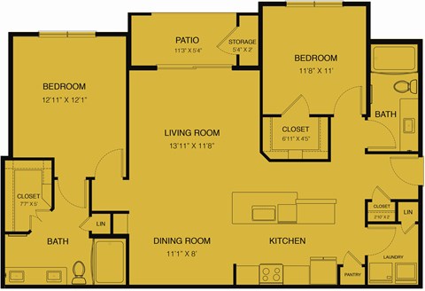 A yellow floor plan of a house with a living room, two bedrooms, a dining room, a kitchen, a pantry, two bathrooms, and a laundry area.
